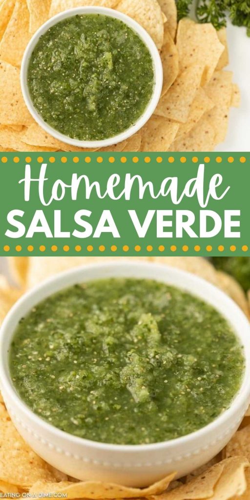 Try this easy homemade salsa verde de tomatillo recipe. This simple salsa verde recipe is amazing and is the best ever green salsa. This Tomatillo salsa Verde recipe is simple to make.  Learn how to make salsa verde! #eatingonadime #salsarecipes #salsaverde #diprecipes 
