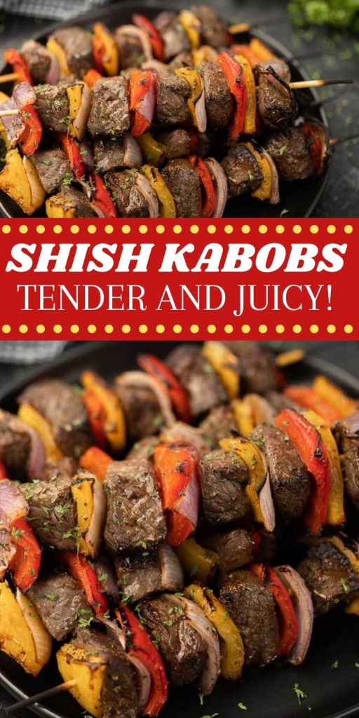 Classic shish kabobs are the perfect meal to enjoy for dinner and perfect for parties too! These shish kabobs are easy to make in the oven or on the grill.  The marinade on these shish kabobs are the best - everyone will love it! #eatingonadime #shishkabobs #beefrecipes #grillingrecipes 
