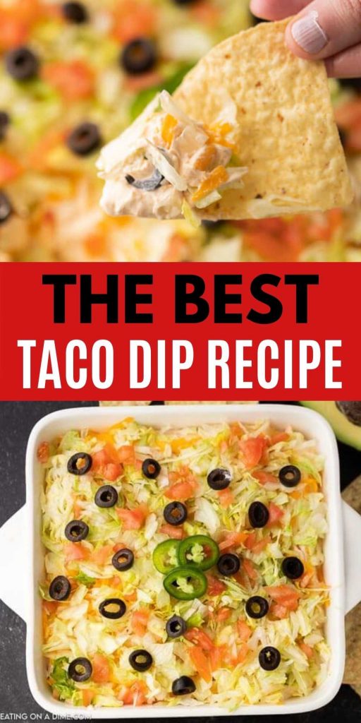 This is the best taco dip recipe. With a few ingredients you can throw together this easy taco dip recipe with cream cheese in minutes. I hope you try this quick and easy cheesy taco dip recipe! #eatingonadime #diprecipes #appetizerrecipes 
