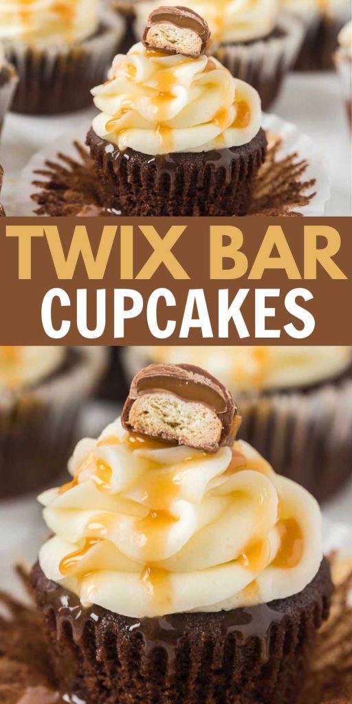 Oh my - you are going to love these Homemade twix bar cupcakes! They are so easy to make and these twix cupcakes taste amazing! Everyone will love this Twix Bar Cupcakes Recipe.  #eatingonadime #dessertrecipes #cupcakerecipes #twixrecipes 
