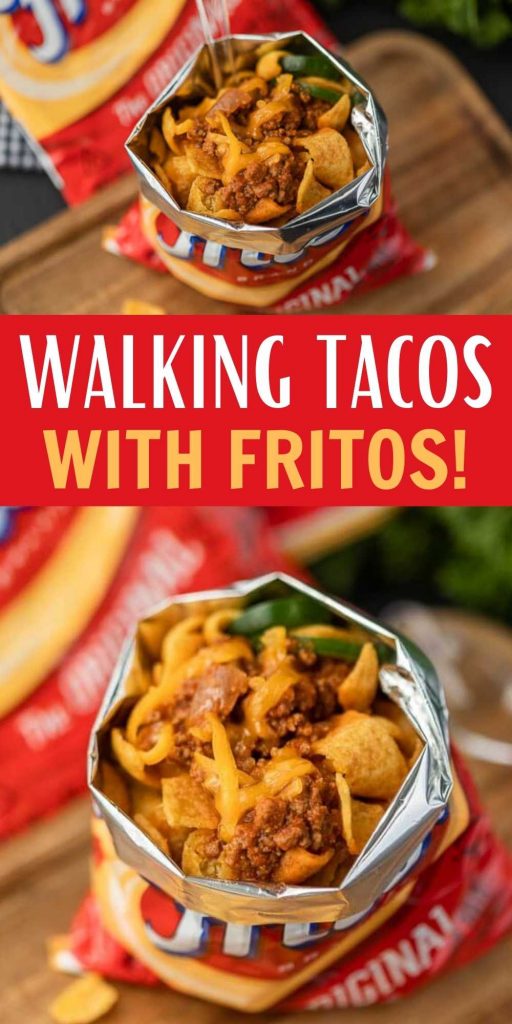 What is a walking taco? Try this Walking Taco Recipe with Fritos! Yes, walking Frito chili pie. Learn how to make walking tacos in a bag for a crowd or for your family. This is the best easy dinner idea. #eatingonadime #fritorecipes #tacorecipes 
