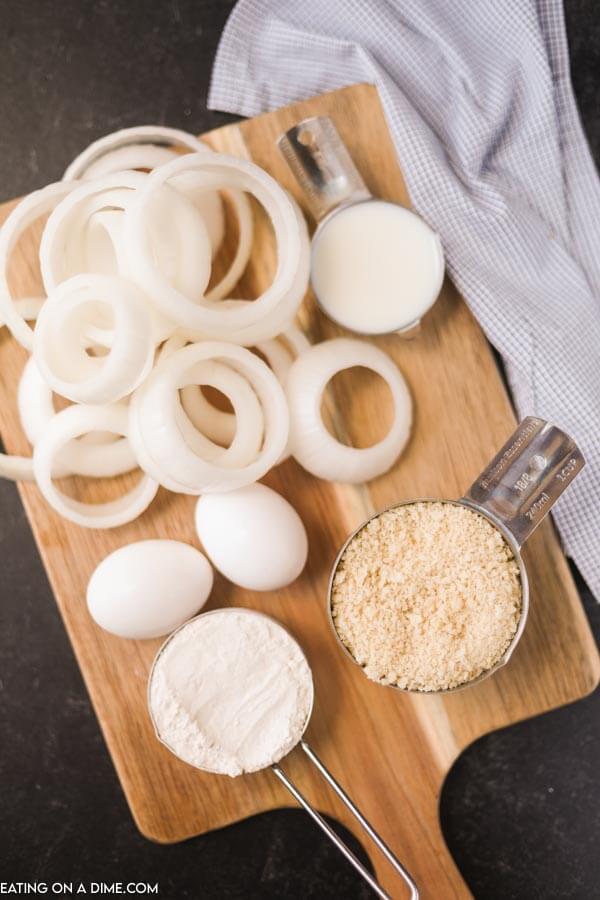 ingredients for onion rings: onion, eggs, four, milk, bread crumbs 