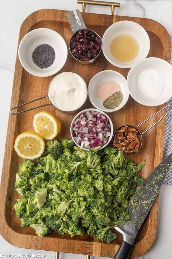 ingredients for recipe: seasoning, onion, broccoli, cranberries, mayonnaise 