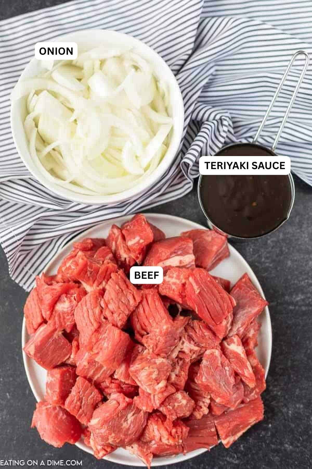 Ingredients for recipe: beef, teriyaki sauce and onion.
