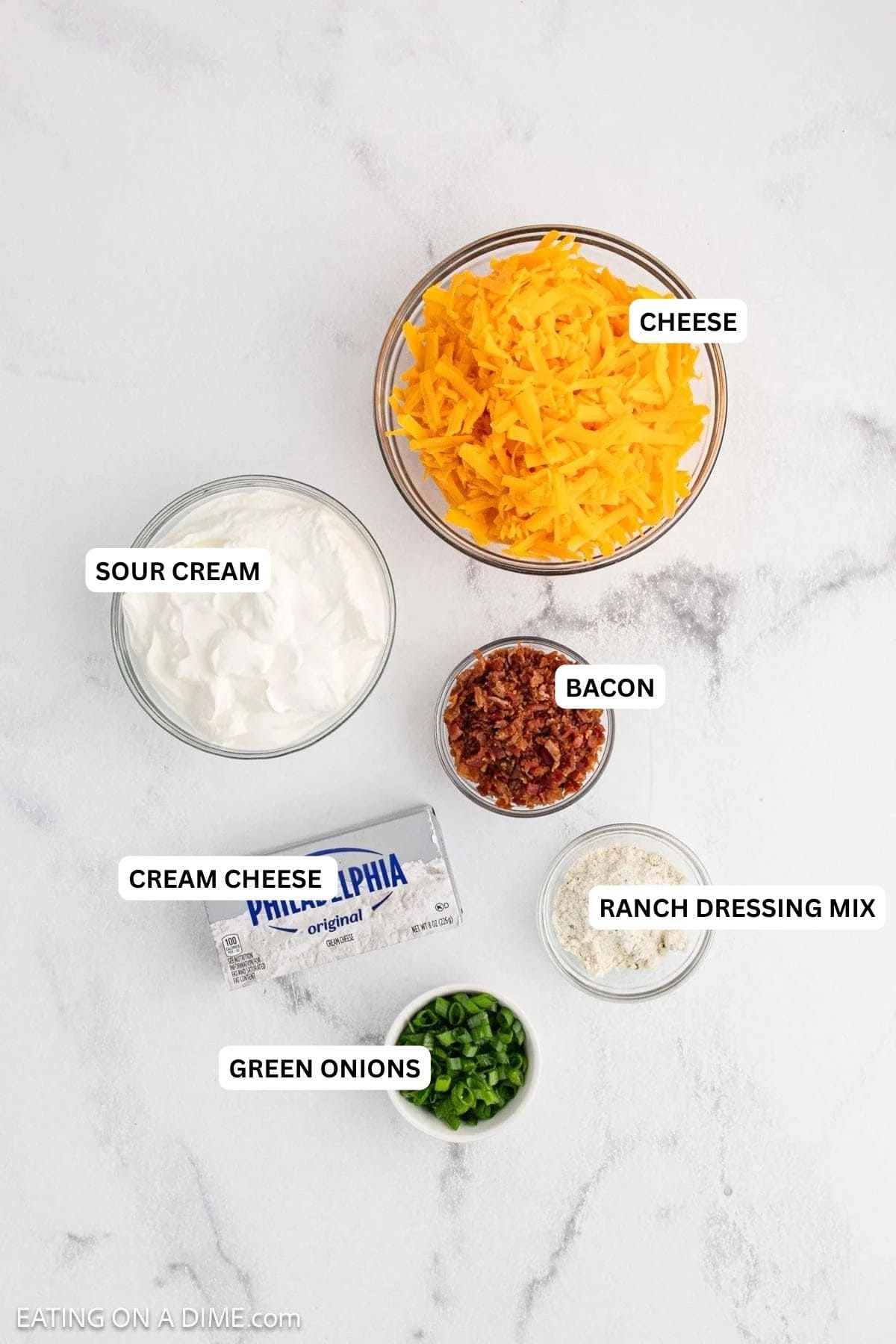 Ingredients for recipe: green onions, ranch dressing mix, cream cheese, bacon, sour cream and cheese.