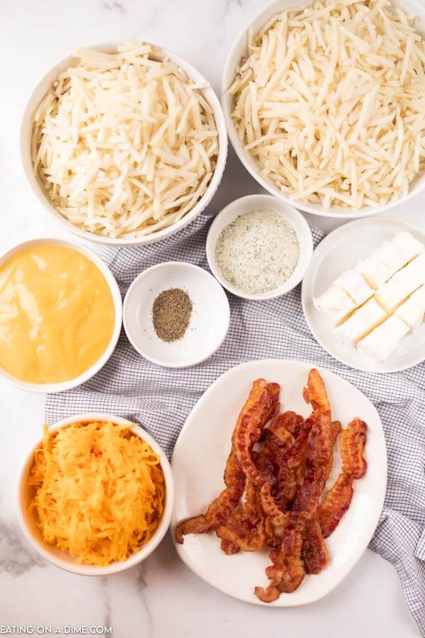 ingredients for recipe: hashbrowns, cream of chicken soup, ranch, seasoning, bacon, cheese.