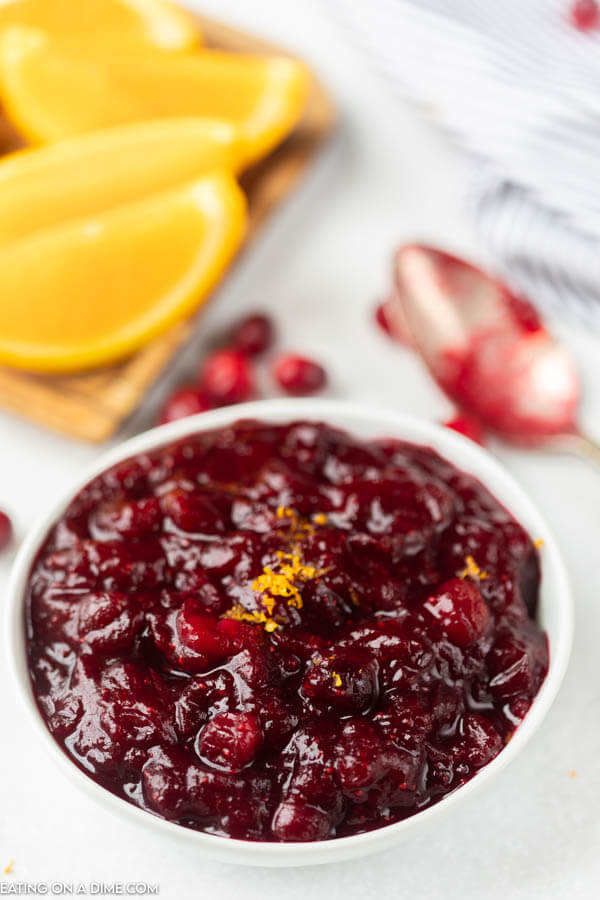 cranberry sauce in a white serving bowl