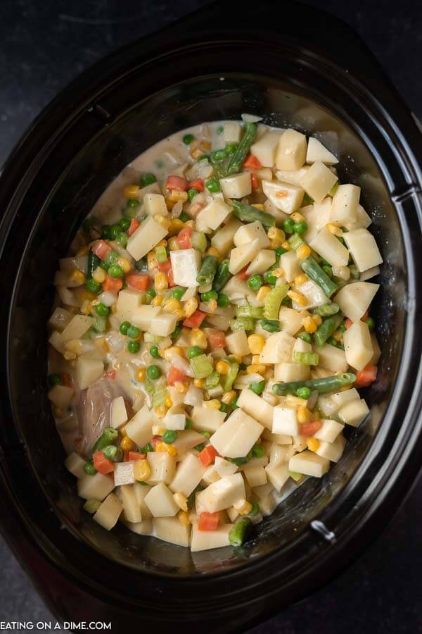 Ingredients for chicken pot pie in the slow cooker