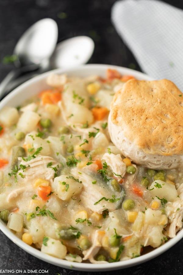 Close up image of chicken pot pie in a bowl