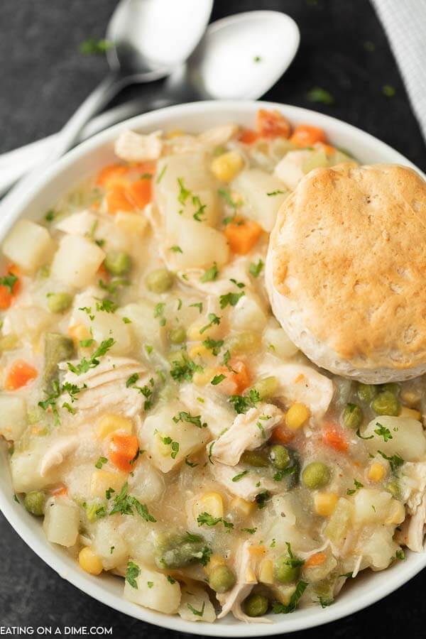 Close up image of chicken pot pie in a bowl