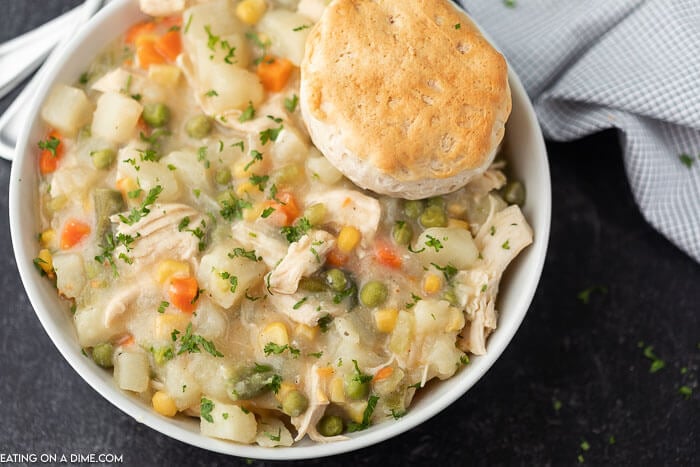 Close up image of chicken pot pie in a bowl