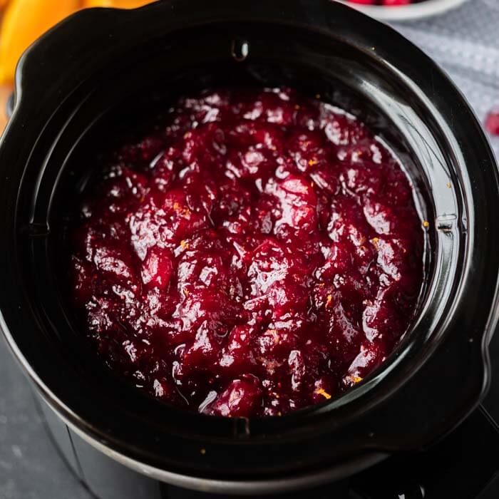 close up of cranberry sauce in crockpot