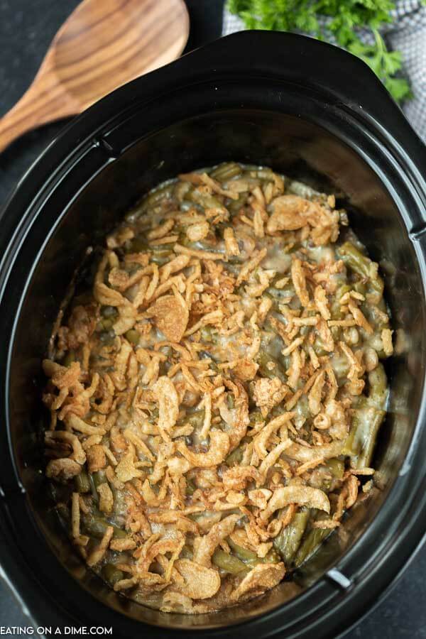 French Fried Onions topped on the green bean casserole made in a crock pot. 