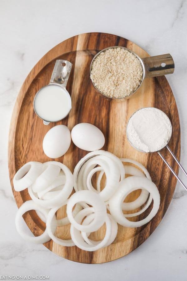 ingredients for onion rings- onions, egg, milk, flour, bread crumbs
