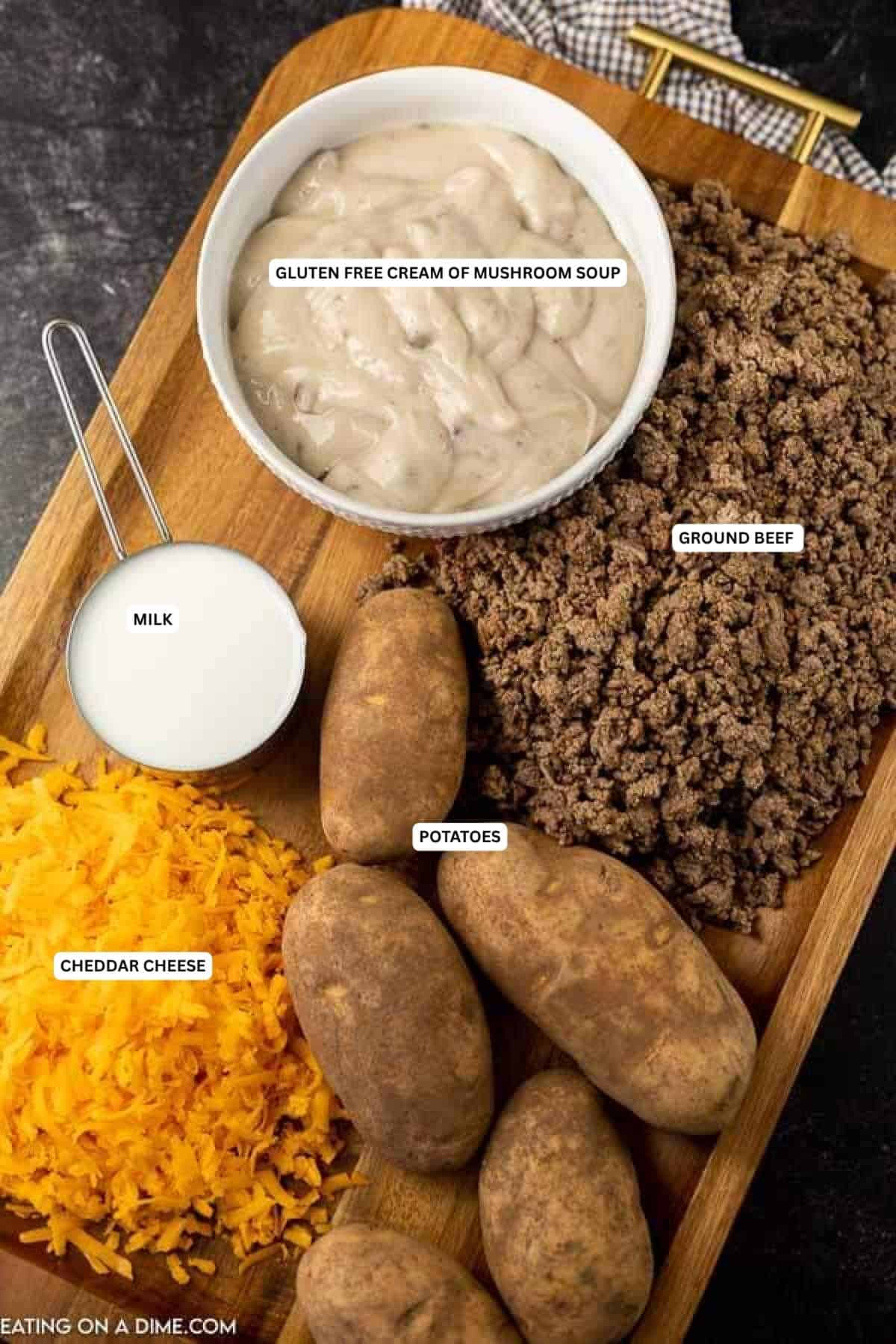Enjoy this Gluten free beef and potato casserole recipe that is so easy to make. Your entire family will love this Gluten Free Hamburger Casserole recipe. Ingredients for recipe: milk, ground beef, potatoes, gluten free cream of mushroom soup and cheddar cheese.