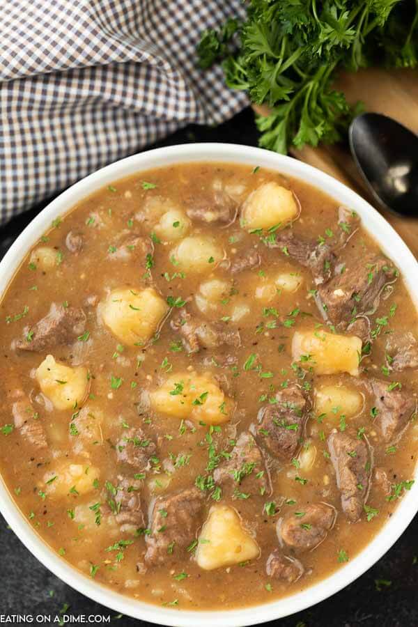 Beef and Potato Stew in a white bowl. 