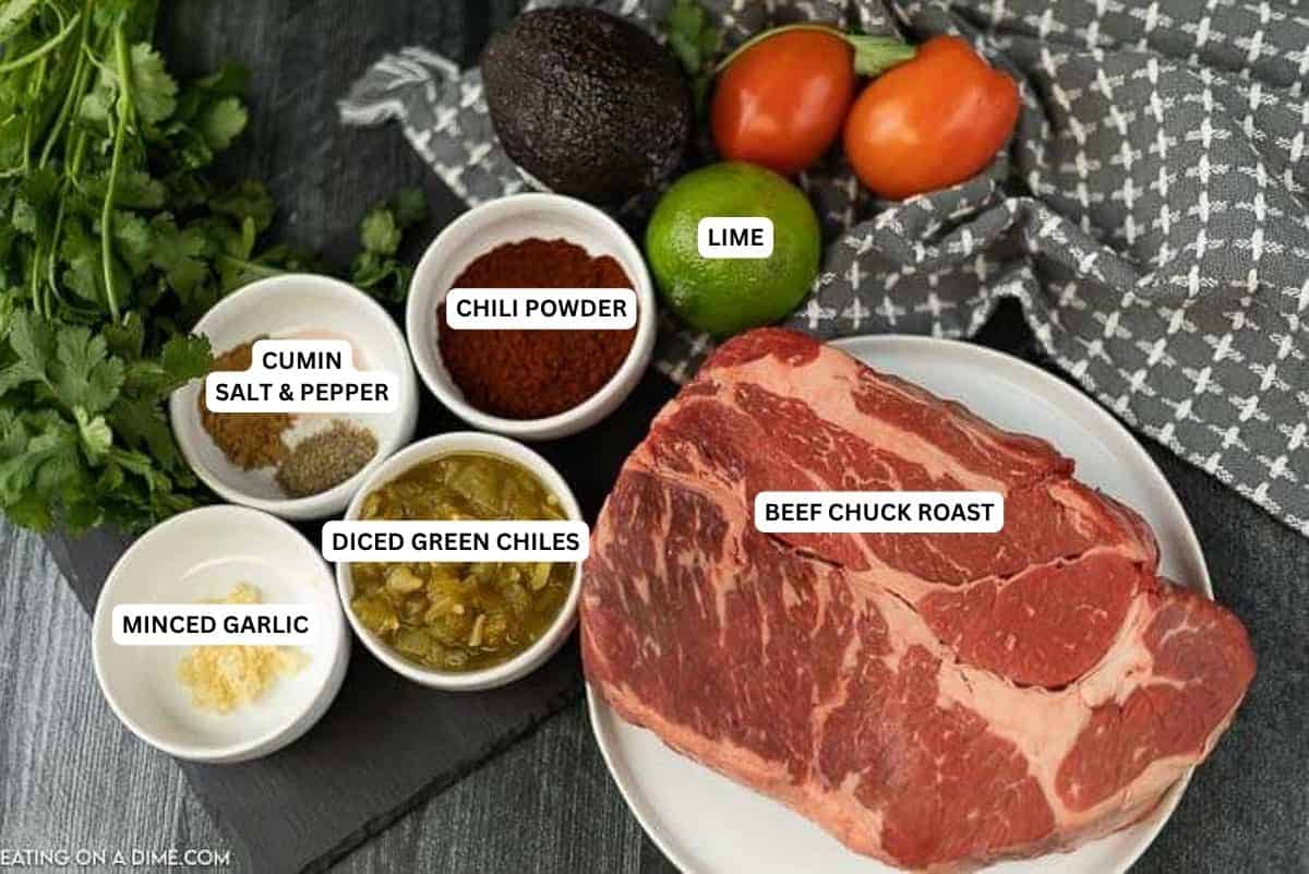 Ingredients for recipe: cumin, salt and pepper, chili powder, lime, minced garlic, diced green chiles and beef chuck roast. 