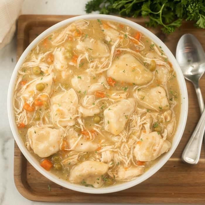 bowl of chicken and dumplings