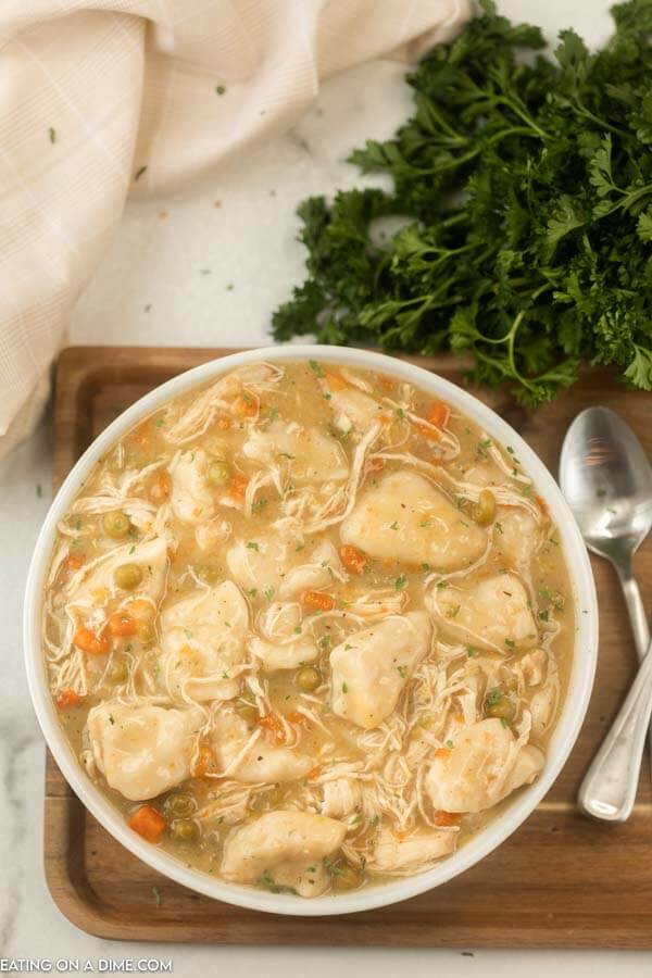 bowl of chicken and dumplings on tray