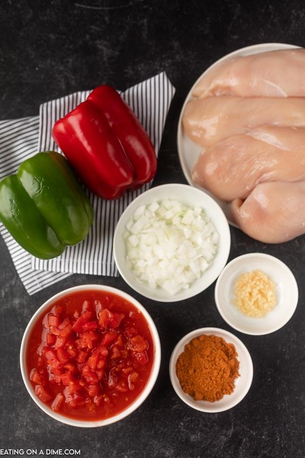 Close up image of ingredients for chicken fajita soup. Chicken breast, chopped onion, diced tomatoes, garlic, taco seasoning, green bell peppers, red peppers. 