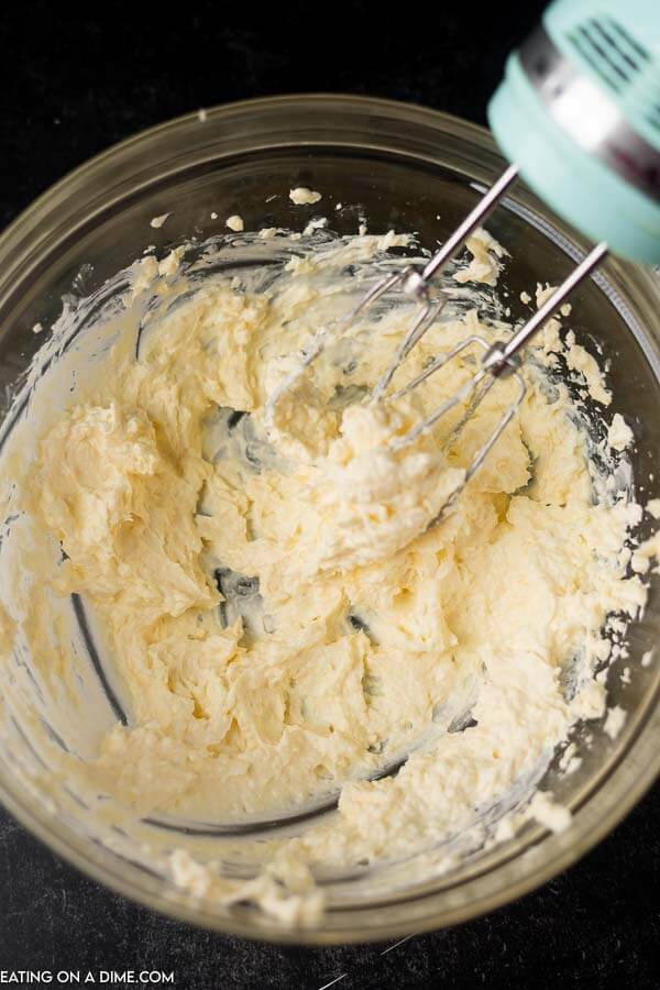 The cream cheese, butter and egg blended together in a large mixing bowl. 