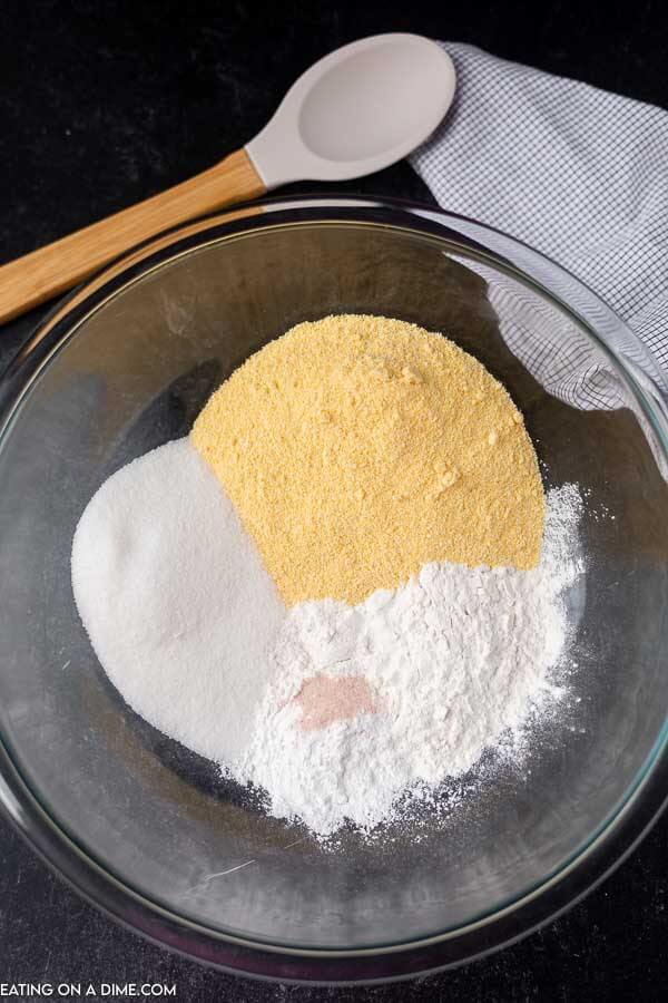 The dry ingredients mixed together in a large mixing bowl. 