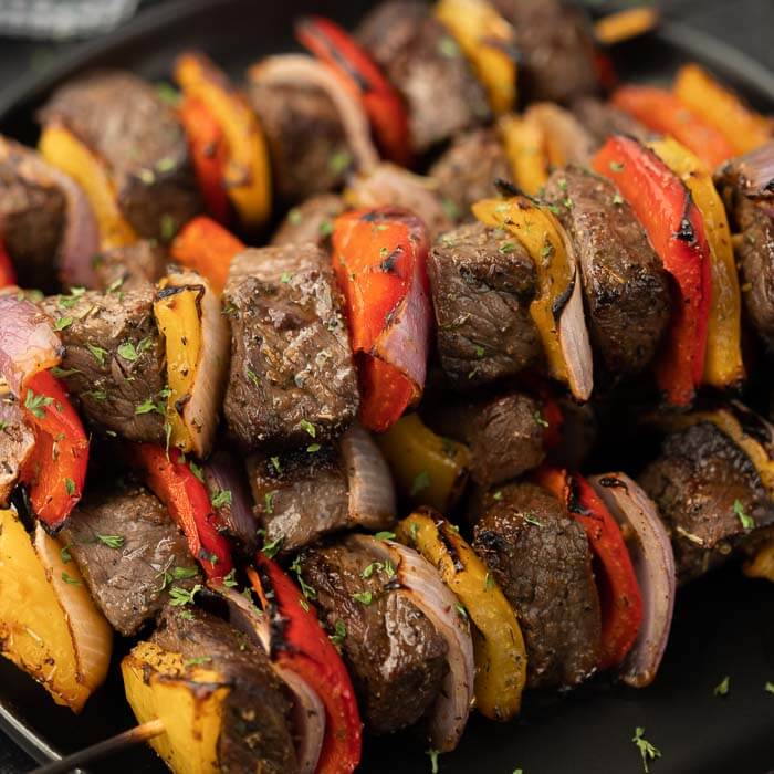 photo of beef kabobs on a plate