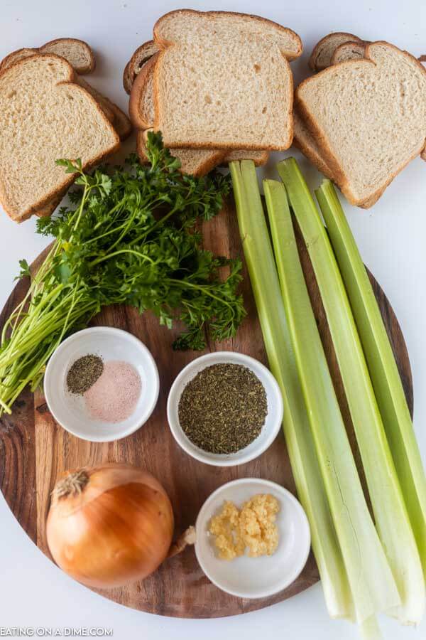 ingredients for recipe: bread, celery, onion, seasonings