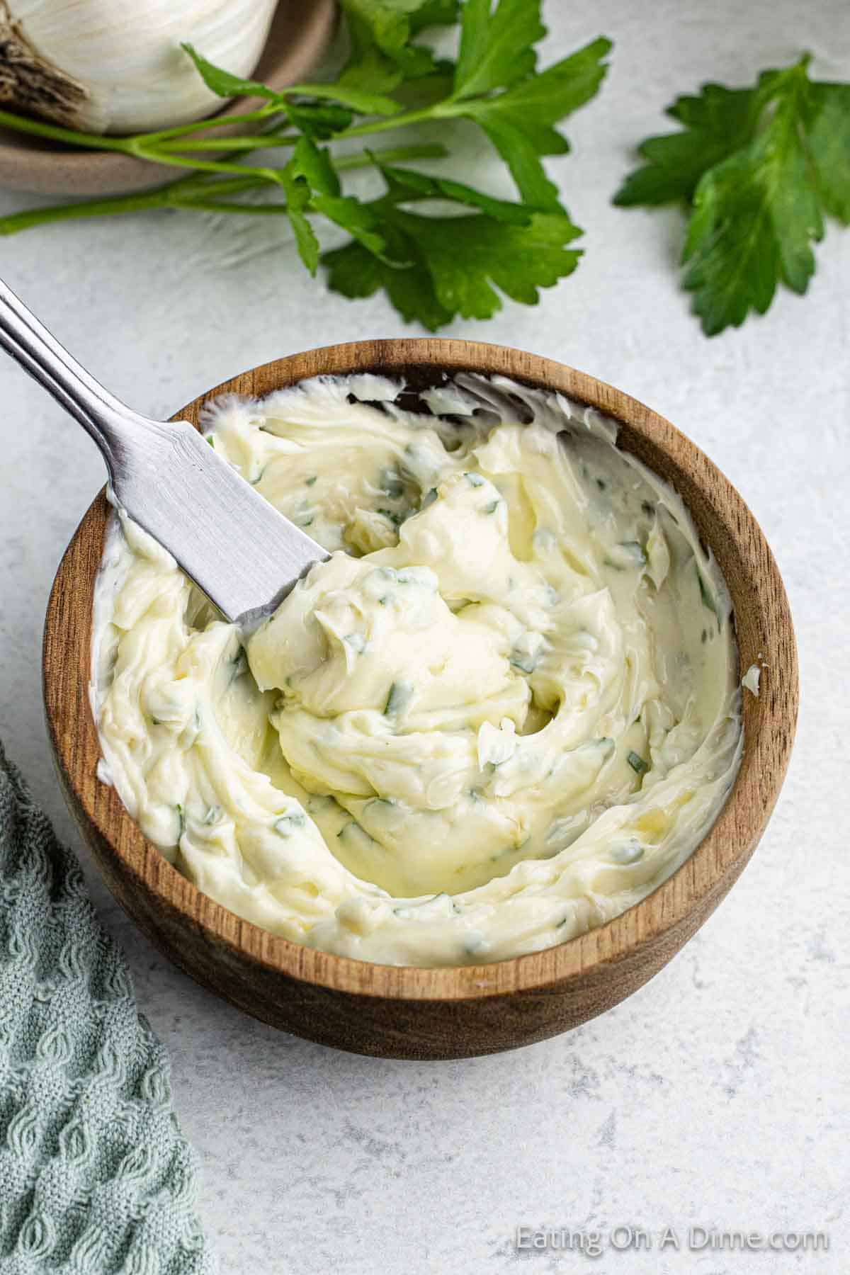 Garlic Butter Spread in a wooden bowl