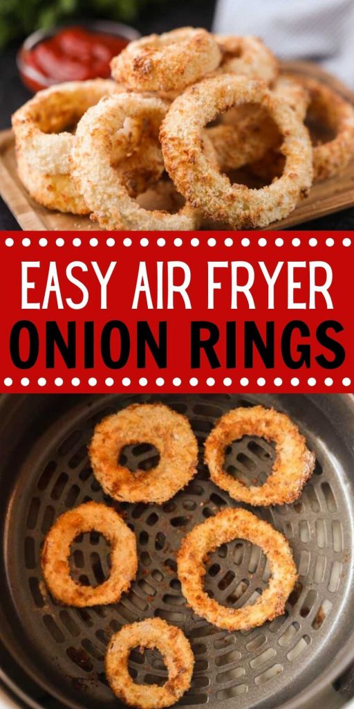 Crispy and easy to make air fryer Onion Rings!  This recipe is quick and easy, in an air fryer.  This air fryer onion rings recipe are simple to make with panic crumbs and everyone loves them! #eatingonadime #airfryerrecipes #onionringsrecipes 
