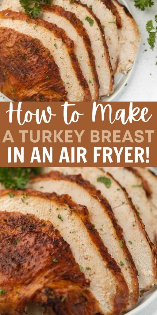 Air Fryer turkey breast is easy to make in under 1 hour!  Please it’s juicy and tender with crispy skin. It is the perfect way to make a small turkey for a small Thanksgiving dinner.  You are going to love this easy air fryer turkey breast recipe. #eatingonadime #airfryerturkeybreast #recipe #thanksgiving #turkeybreast #airfryer #airfryerrecipe #turkeyrecipe
