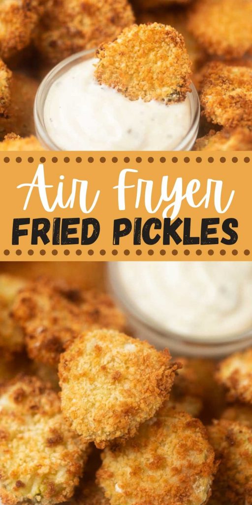 Air Fryer FRIED Pickles are crispy and easy to make too! Air Fryer Pickles with Panko breadcrumbs are healthy and super easy to make in the air fryer.  These easy air fryer fried pickles are perfect for a healthy snack or for game day! #eatingonadime #airfryerrecipes #friedpickles #healthysnacks 
