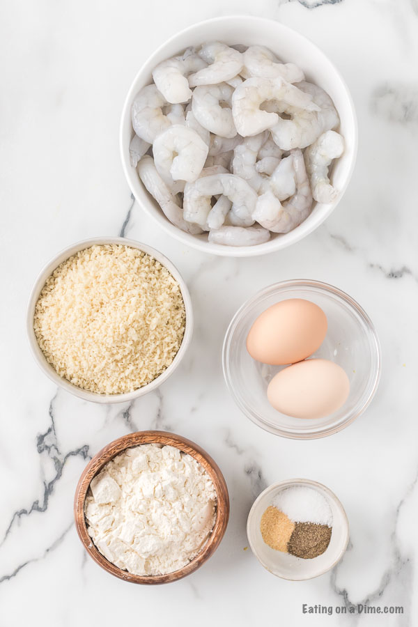 ingredients for recipe: shrimp, eggs, bread crumbs, flour