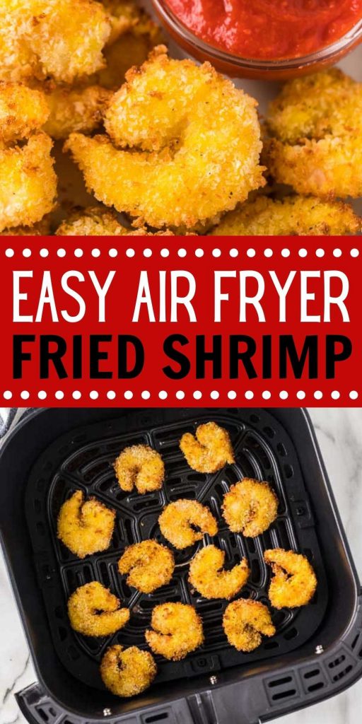 This air fryer fried shrimp is cooked in under 10 minutes in the air fryer! Uses less oil than deep frying, but is still crispy!  This is one of the easiest air fryer recipes with panic bread crumbs and flour.  Everyone love this easy to make air fryer fried shrimp recipe.  #eatingonadime #airfryerrecipes #shrimprecipes 
