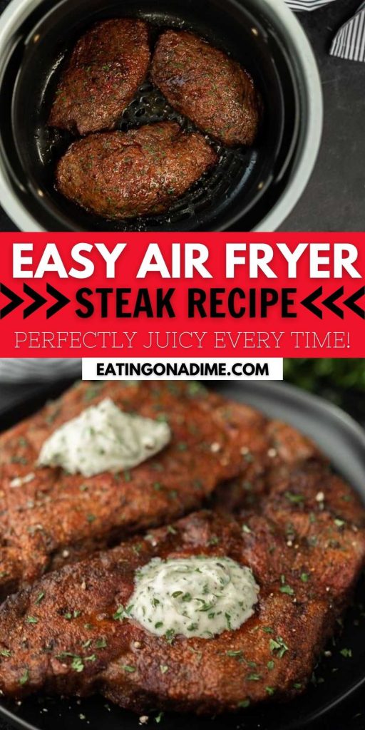 This Air Fryer Steak is crispy on the outside and tender juicy on the inside! Cooking steak in an air fryer is easy to do and tastes amazing too!  Air Fryer steak is easy to make and packed with flavor too.  #eatingonadime #airfryerrecipes #steakrecipes 
