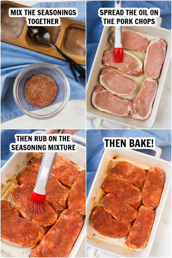four photos- mix seasonings together, spread oil on meat, rub seasoning mixture on pork, bake!
