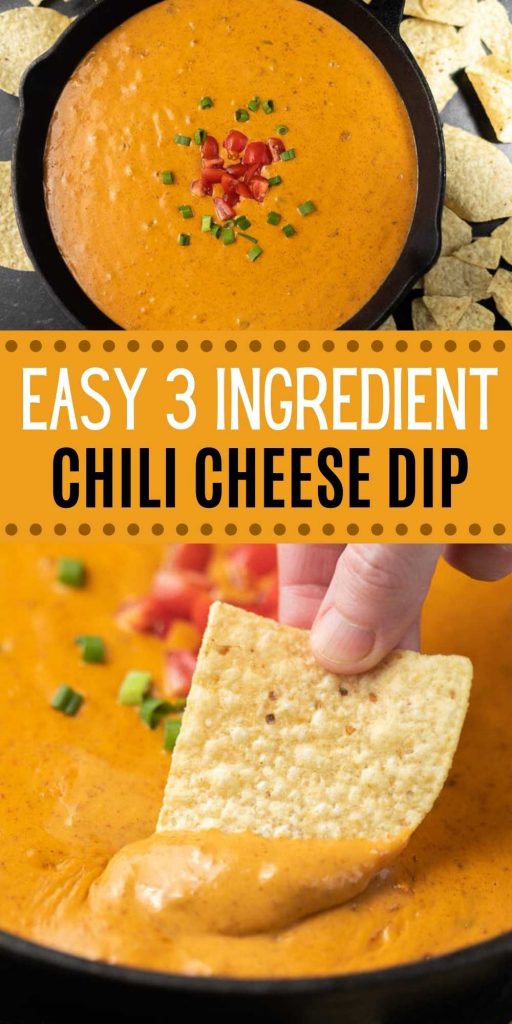 Everyone loves this easy 3 ingredient chili cheese dip recipe that is made in a skillet!  This chili cheese dip with velveeta is easy to make and delicious too.  This 3 ingredient chili cheese dip for perfect for your next BBQ, pot luck or party! #eatingonadime #diprecipes #chilicheesedip #skilletrecipes #appetizers 
