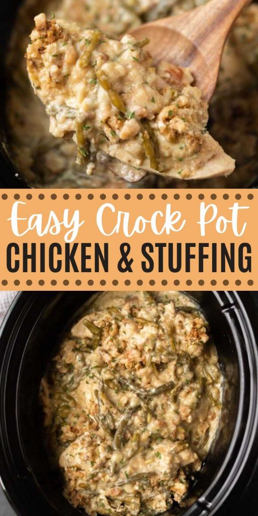 This classic Chicken and Stuffing is an easy Crock Pot recipe that is a family favorite! This easy crock pot recipe tastes like a traditional casserole without all the work! #comfortfood #slowcookerdinner #crockpotrecipes #chickenrecipes #chickenandstuffing 
