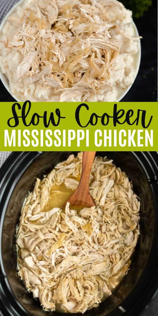 Dinner is a breeze when you try Crock Pot Mississippi Chicken Recipe. This recipe is easy to make with only 4 ingredients!  This slow cooker Mississippi chicken recipe is the best and it’s a family favorite!  #eatingonadime #crockpotrecipes #slowcookerrecipes #chickenrecipes 
