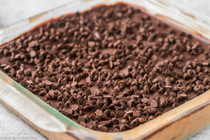 Close up image of chocolate icebox cake in a baking dish. 