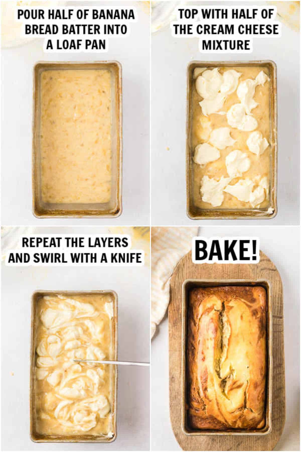 4 photos: bread batter into a loaf pan, adding cream cheese mixture, repeat the layers and swirl with a knife and bake. 