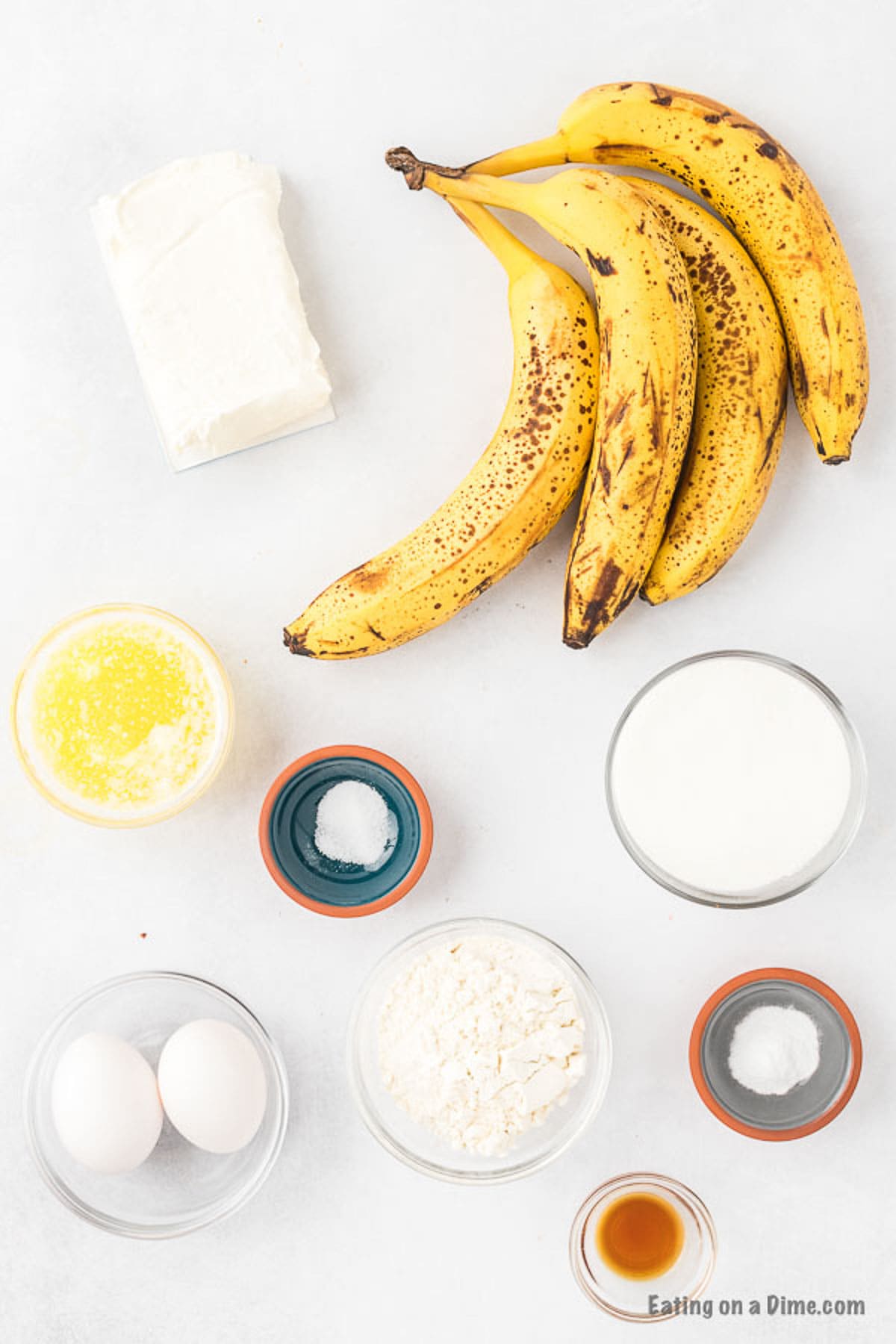 Ingredients needed for cream cheese banana bread: bananas, melted butter,
egg, sugar,vanilla, baking soda, salt, flour, For the filling: cream cheese -room temperature, egg, sugar, flour