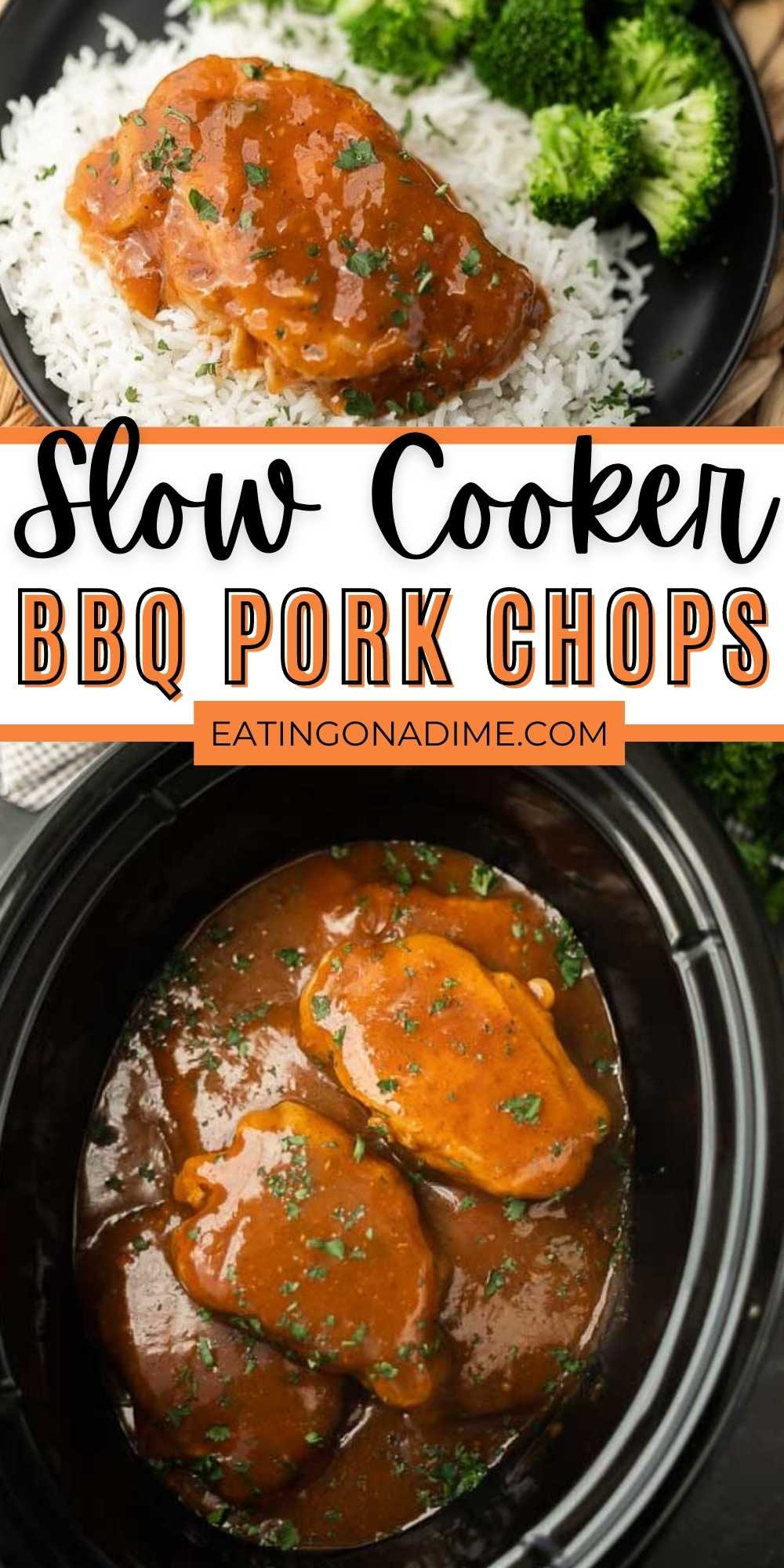 This Crock Pot BBQ Pork Chops Recipe is easy, delicious, and VERY budget friendly. They are so tender, they literally fall apart! These crock pot boneless BBQ pork chops are easy to make and packed with flavor too! #eatingonadime #crockpotrecipes #slowcookerrecipes #porkrecipes #porkchoprecipes 
