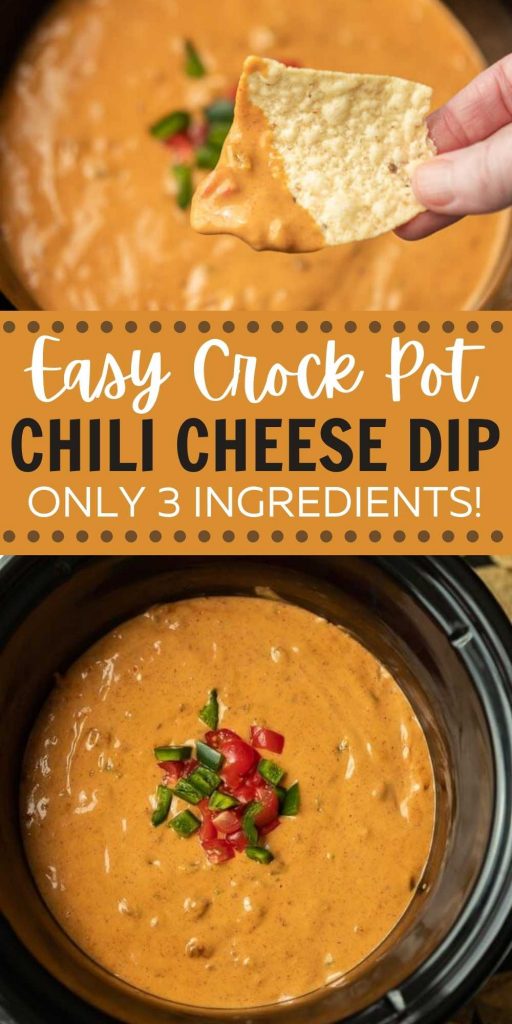 Make this easy 3 ingredient chili cheese dip in your slow cooker! This crock pot chili cheese dip with Velveeta is easy to make and delicious too! This slow cooker dip recipe is gluten free and simple to make in minutes! #eatingonadime #diprecipes #crockpotrecipes #appetizerrecipes 
