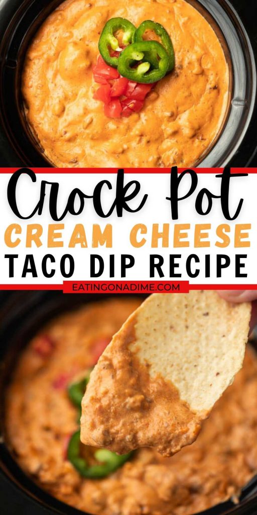 With just 5 ingredients this cheesy taco dip is delicious and easy to make in a crock pot! This crock pot cream cheese taco dip will be a crowd pleaser at your next party or barbecue! This easy crock pot dip recipe with ground beef and cream cheese is delicious and simple to make too! #eatingonadime #appetzierrecipes #crockpotrecipes #slowcookerrecipes #tacodiprecipes 
