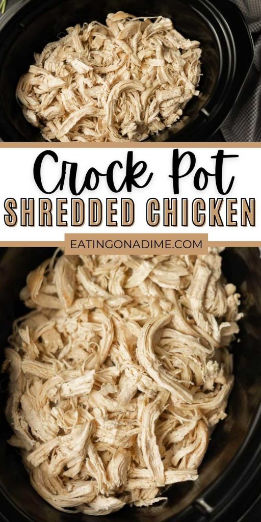 This easy to make Crock pot Shredded Chicken is my favorite healthy easy chicken recipe for meal prep! Moist, tender shredded chicken that you can use in your favorite recipes. This chicken cooks in your slow cooker and is juicy and perfect every time! #chickenrecipes #crockpotchicken #slowcookerrecipes #slowcooker #crockpot
