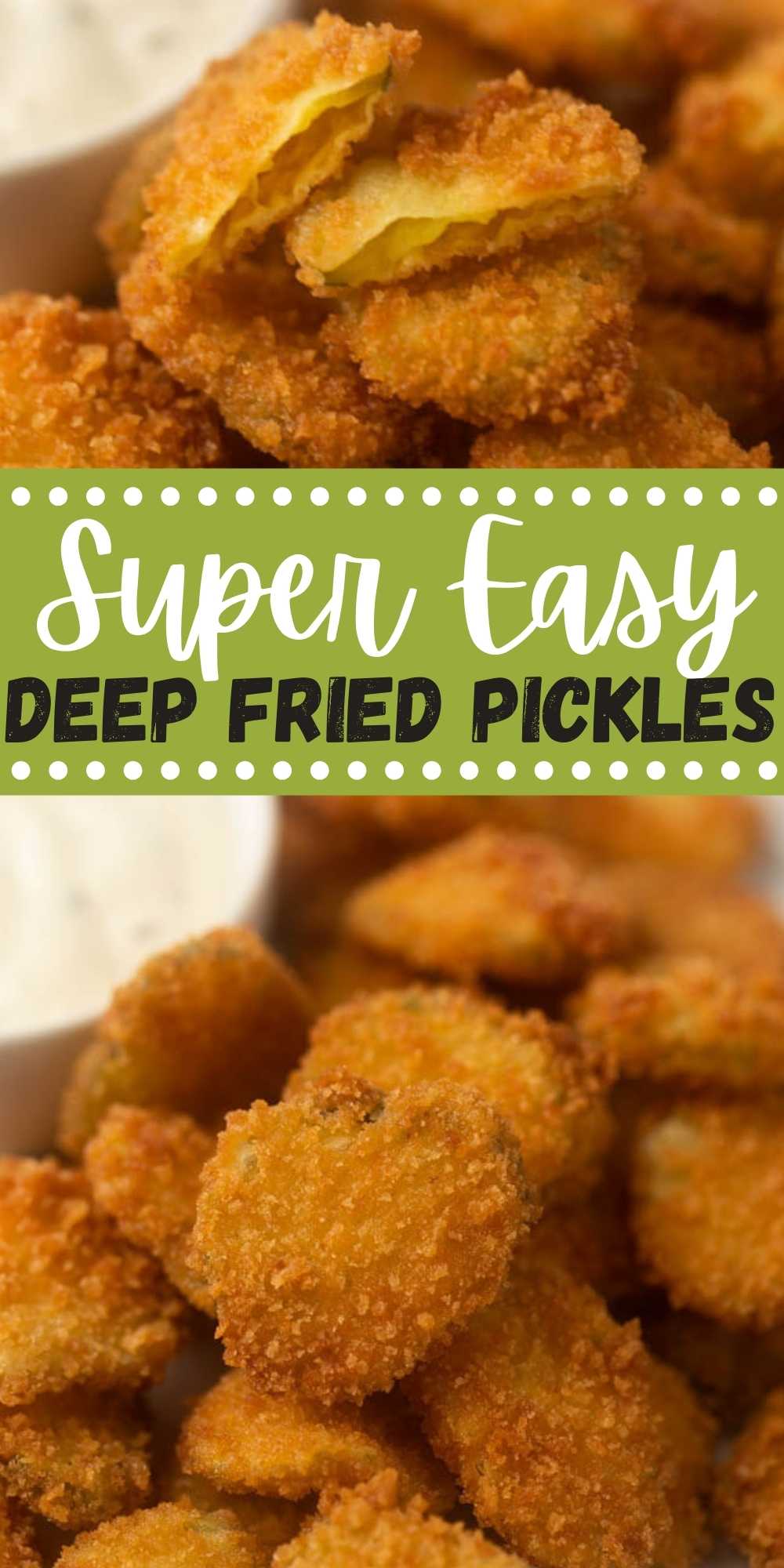 Homemade Deep Fried Pickles will be a huge hit appetizer that you will want to make again and again! These homemade fried pickles with an easy batter are super easy to make and delicious too! You will love this easy fried pickles recipe! #eatingonadime #appetizerrecipes #friedpickles #deepfriedpickles 
