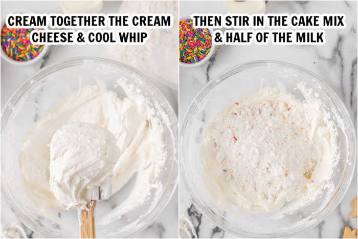 The process of mixing the cream cheese and cool whip together. 