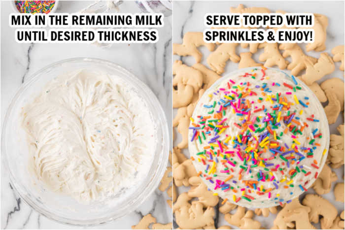 The process of mixing the dip together with the sprinkles. 