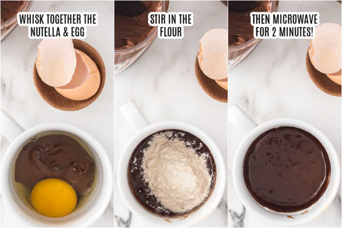 Process of making mug cake from whisking together nutella and eggs, flour and microwaving. 